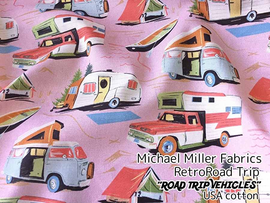 お買い得！【コットン USAプリント】　Michael Miller Fabrics ＊ Retro Road Trip 『 ROAD TRIP VEHICLES 』      くすみピンク