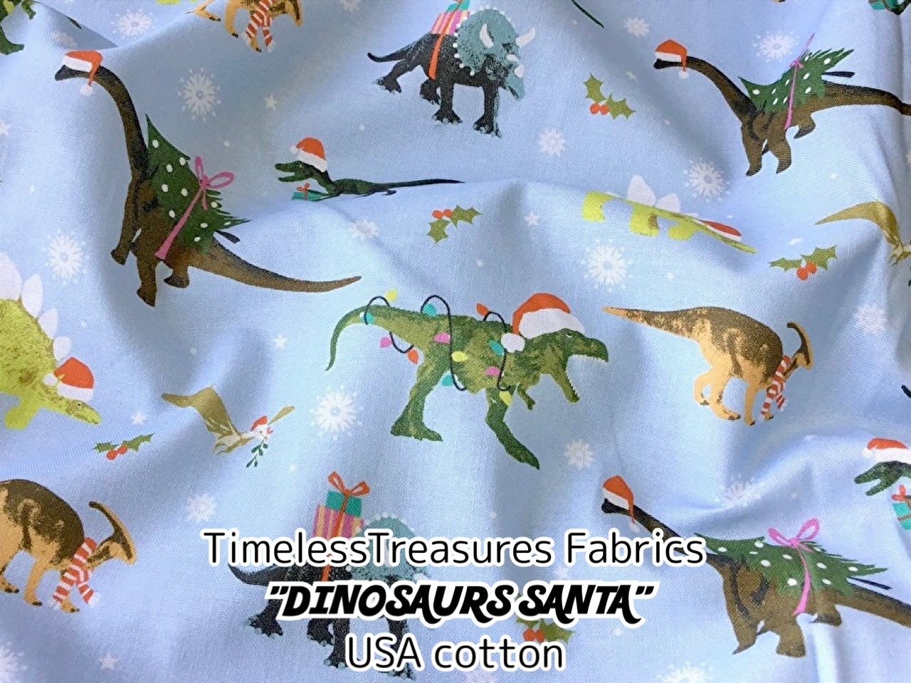 お買い得！【コットン USAプリント】　Timeless Treasures Fabrics ◇ DINOSAURS SANTA     パウダーブルー