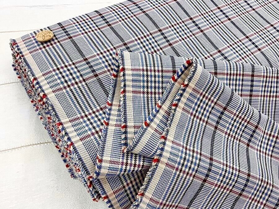 【反売り】コットングレンチェック　 ブルーグレー×レッド系[ 幅１１０ｃｍ×約８ｍ ]