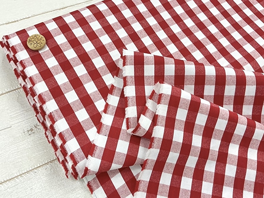 【反売り】タイプライター風ギンガムチェック　レッド×オフ系[ 幅１１５ｃｍ×約４.５ｍ ]
