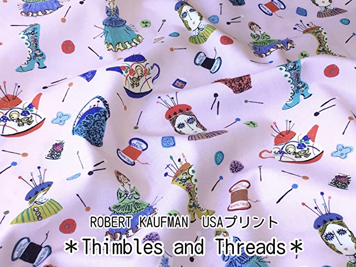 【ＵＳＡコットンプリント】　ROBERT KAUFMAN ＊Thimbles and Threads＊ ピンク