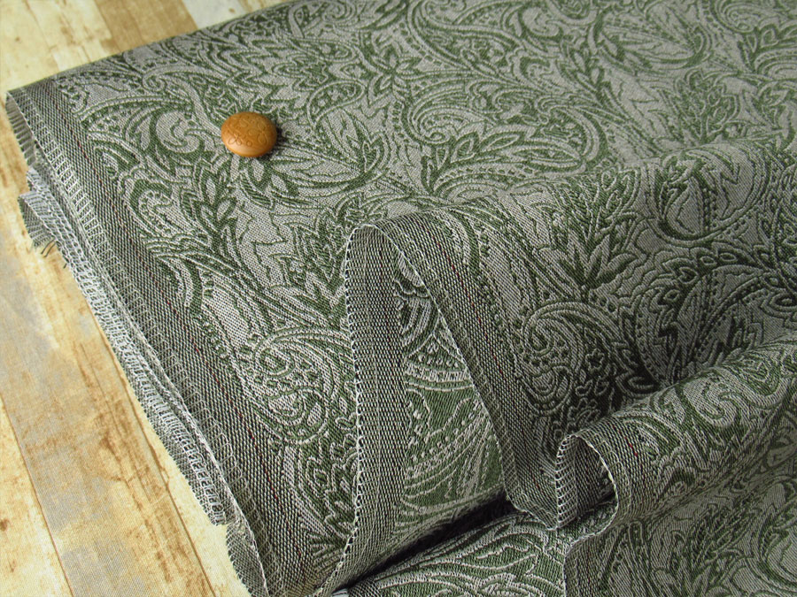 【反売り】　ポリエステルジャガード『ペイズリーフラワー柄』　グレイッシュグリーン×サンドベージュ系　[５ｍカット・１０ｍ カット]