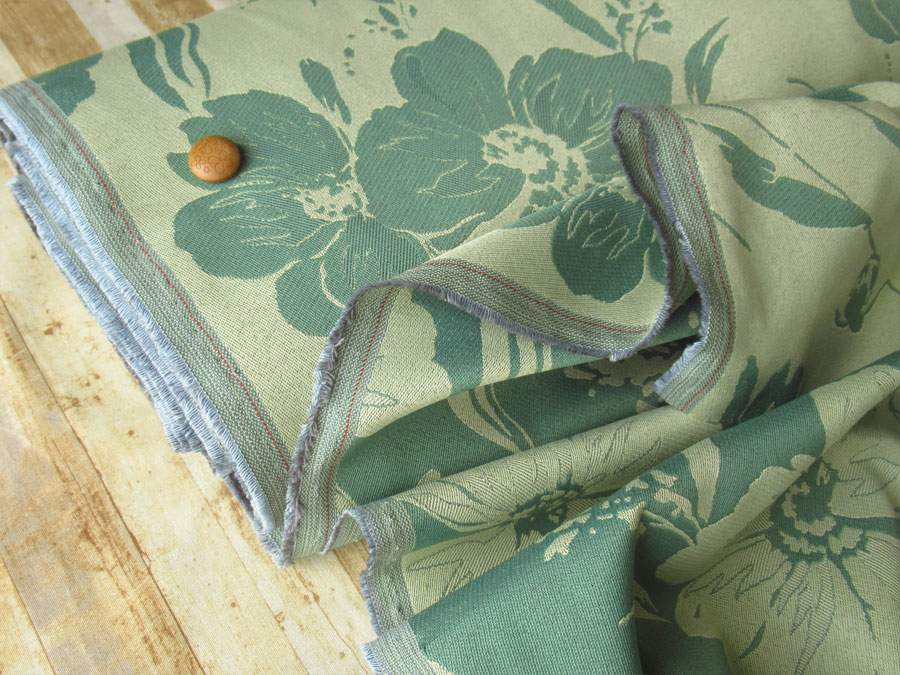 【反売り】　ポリエステルジャガード『BIGフラワー柄』　ブルーグリーン×ライトグリーン系　[５ｍカット・１０ｍ カット]