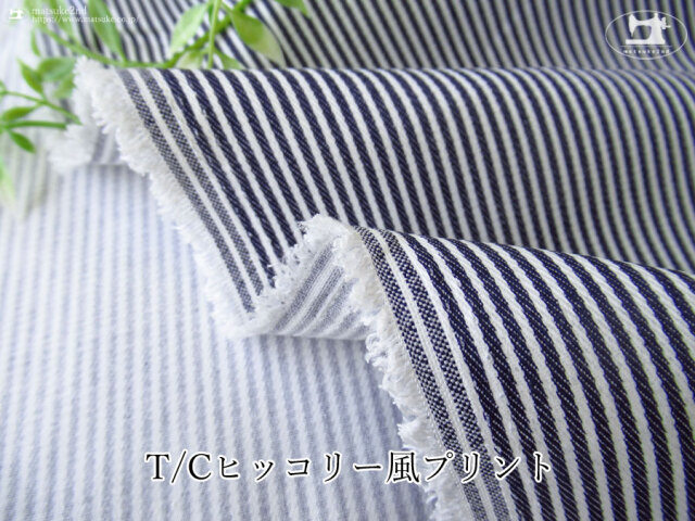 【１ｍ単位で販売】お買い得！Ｔ／Ｃヒッコリー風プリント　ダークネイビー×ホワイト