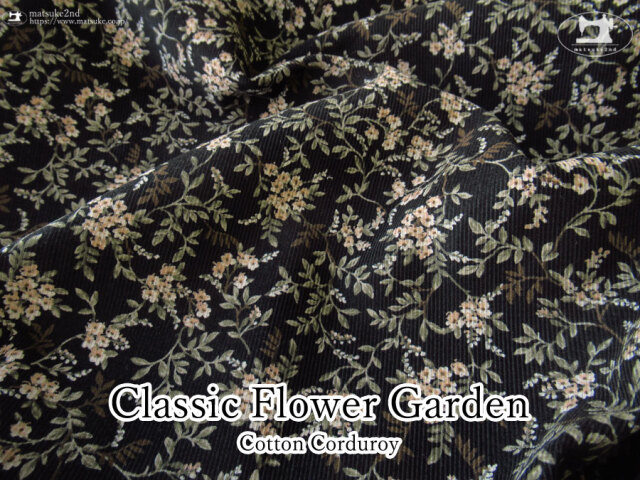 お買い得！【コットン シャツコーデュロイプリント】Classic Flower Garden＊クラシックフラワーガーデン ブラック