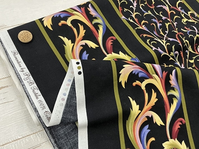 訳あり！【現品処分】コットンシーチング風プリント＊カラフルボタニカルストライプ　  ブラック系 [ 幅１０５ｃｍ×約２.５ｍ ］