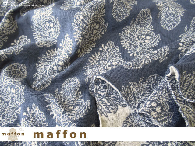 【 maffon (マフォン) 】 約７５ｃｍ幅　リバーシブルジャガード接結ニット 『 ユヌフルール柄　』ブルーグレー/アイボリー
