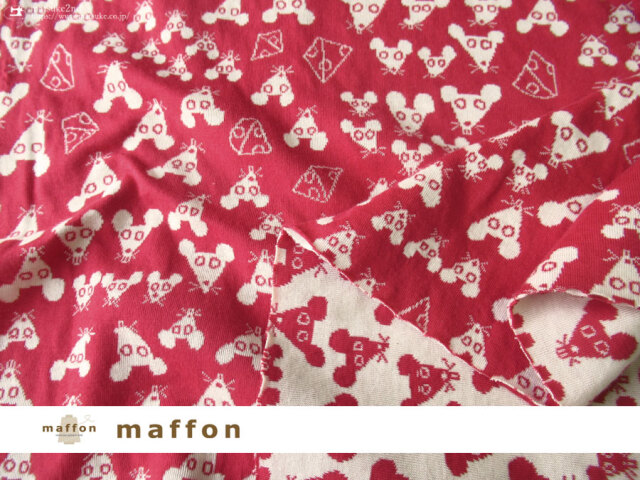 【 maffon (マフォン) 】 約７５ｃｍ幅　リバーシブルジャガード接結ニット 『 マウス柄　』 カーマイン /アイボリー