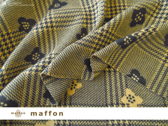 【 maffon (マフォン) 】 約７５ｃｍ幅　リバーシブルジャガード接結ニット 『 グレンチェックフラワー柄』 ダークチャコール/スモークイエロー