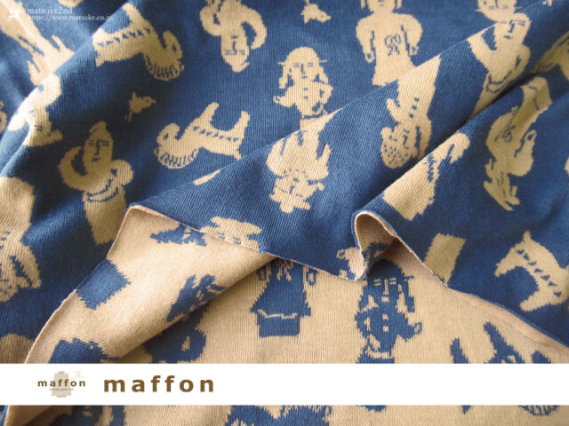 【 maffon (マフォン) 】 約７５ｃｍ幅　リバーシブルジャガード接結ニット 『 はにわーず柄』 ジェイブルー /キャメル