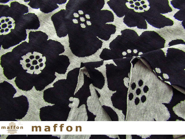 ４回目の再入荷！【 maffon (マフォン) 】 約７５ｃｍ幅　リバーシブルジャガード接結ニット 『 アネモネ柄　』  黒/杢グレー
