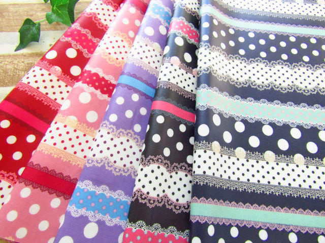 【つや消しラミネート】 コットン シーチングクロス 『 ベリーボーダー◇レーシードット♪ 』