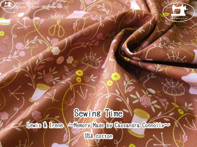 お買い得！【コットン USAプリント】　Lewis & Irene  ～Memory Made by Cassandra Connolly～　＊　Sewing Time　ブリックレッド