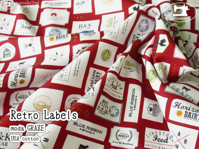 お買い得！【コットン USAプリント】　moda GRAZE　＊　Retro Labels　レッド