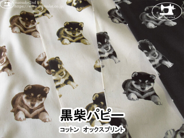 お買い得！【コットンオックスプリント】　黒柴パピー