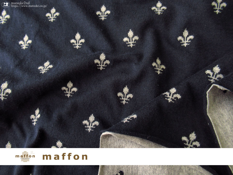【 maffon (マフォン) 】 約７５ｃｍ幅　リバーシブルジャガード接結ニット 『 アイリス柄　』 ネイビー / 杢グレー
