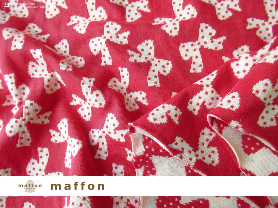 【 maffon (マフォン) 】 約７５ｃｍ幅　リバーシブルジャガード接結ニット 『 ドットリボン柄　』  カーマイン /アイボリー