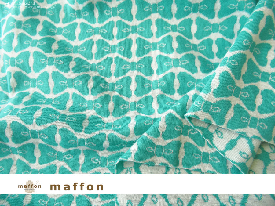 【 maffon (マフォン) 】 約７５ｃｍ幅　リバーシブルジャガード接結ニット 『 りぼん柄 』エメラルド/アイボリー