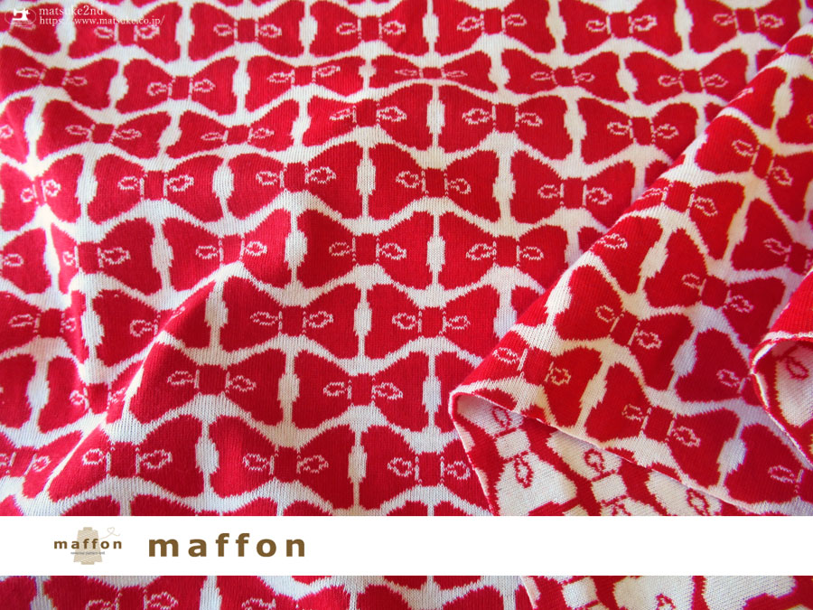 【 maffon (マフォン) 】 約７５ｃｍ幅　リバーシブルジャガード接結ニット 『 りぼん柄 』レッド/アイボリー