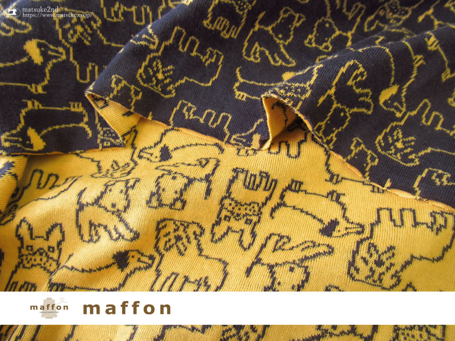 【maffon (マフォン) 】 約７５ｃｍ幅　リバーシブルジャガード接結ニット 『 チャムチャム柄』  チャコール/イエロー