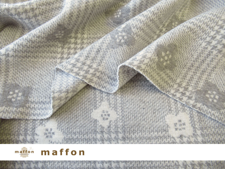 【 maffon (マフォン) 】 約７５ｃｍ幅　リバーシブルジャガード接結ニット 『 グレンチェックフラワー柄』 杢グレー/アイボリー