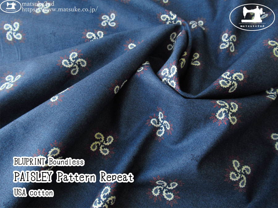 お買い得！【コットン USAプリント】　BLUPRINT Boundless　＊　PAISLEY Pattern Repeat　ネイビー
