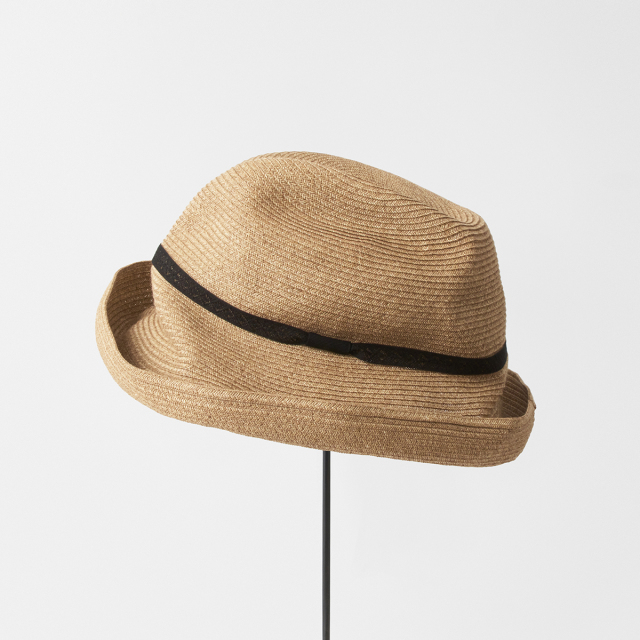 BOXED HAT 11cm brim lace ribbon / mix brown base