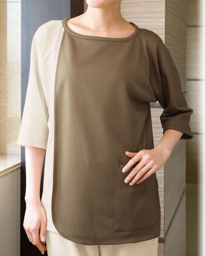 [フォーク] FOLK 【前が大きく開くかぶりタイプの検診衣】 男女兼用 検診衣（プルオーバー型）7035SK （モカ×ベージュ）