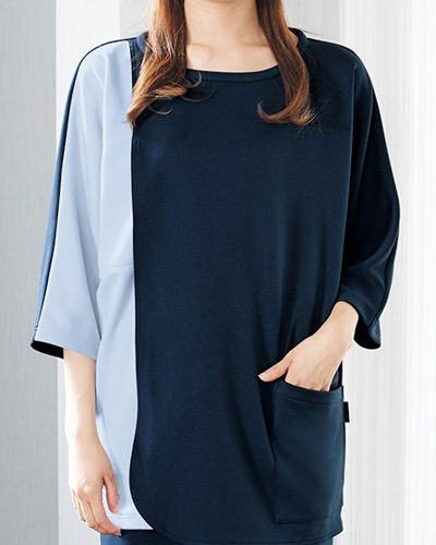 [フォーク] FOLK 【前が大きく開くかぶりタイプの検診衣】 男女兼用 検診衣（プルオーバー型）7035SK （ネイビー×サックス）