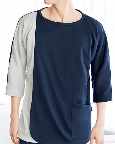 [フォーク] FOLK 【前が大きく開くかぶりタイプの検診衣】 男女兼用 検診衣（プルオーバー型）7035SK （ネイビー×グレー）