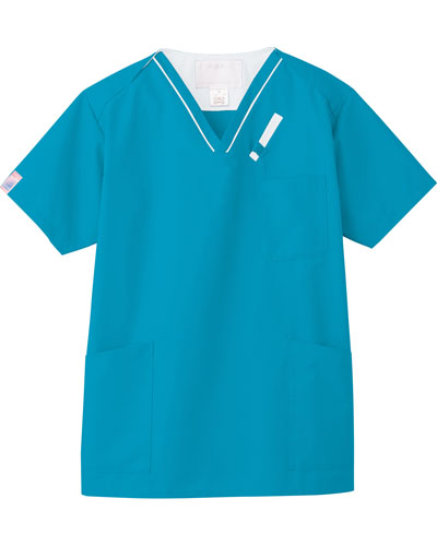 [フォーク] FOLK 【PHS対応＆着脱しやすいホック付きスクラブ】 男女兼用 スクラブ 7042SC （ターコイズ×ホワイト）