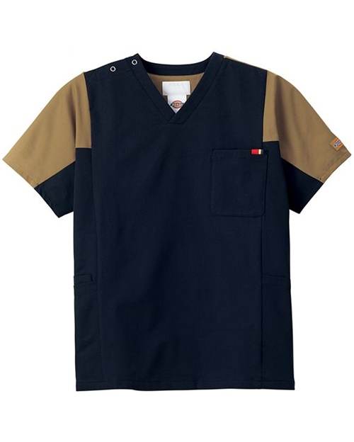 [ディッキーズ] Dickies 【幾何学的な切り替えが映えるディッキーズスクラブ】 男女兼用 スクラブ 7113SC （ダークネイビー×ベージュ）