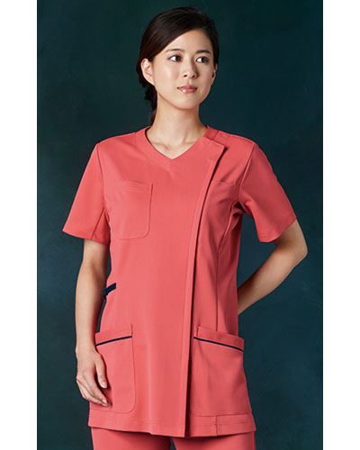 [カゼン] KAZEN 【かつてない動きやすさのニットスクラブ】  レディース　スクラブ　ジャケット 981-44 （オレンジ×ネイビー）