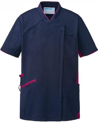 [カゼン] KAZEN 【かつてない動きやすさのスクラブ / 工業洗濯対応】  男女兼用 スクラブ ジャケット 987-48 （ネイビー×プラム）