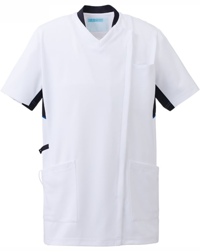 [カゼン] KAZEN 【かつてない動きやすさのスクラブ / 工業洗濯対応】  男女兼用 スクラブ ジャケット 988-18 （ホワイト×ネイビー）