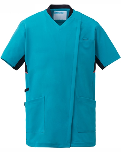 [カゼン] KAZEN 【かつてない動きやすさのスクラブ / 工業洗濯対応】  男女兼用 スクラブ ジャケット 988-42 （ターコイズ×ネイビー）