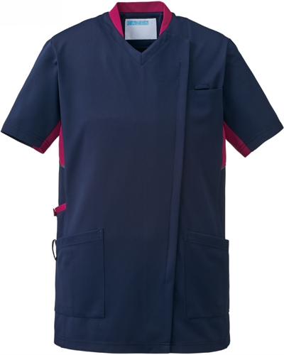 [カゼン] KAZEN 【かつてない動きやすさのスクラブ / 工業洗濯対応】  男女兼用 スクラブ ジャケット 988-48 （ネイビー×プラム）