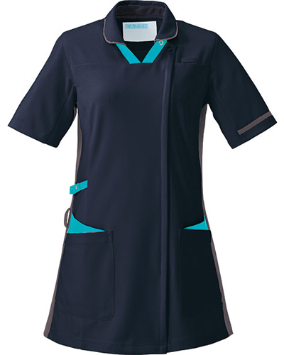 [カゼン] KAZEN 【かつてない動きやすさのジャケット／日勤と夜勤や職種の区別に便利】  レディース スクラブ ジャケット（衿付） 996-49 （ネイビー×ターコイズ×グレー）