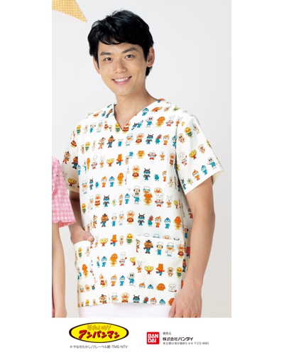 [カゼン] KAZEN 【子供たちに大人気のアンパンマン 医療用ユニフォーム】  男女兼用 スクラブ ANP133-70 （オフホワイト）