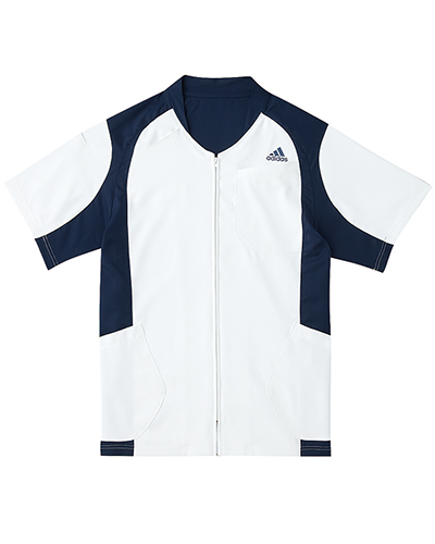 [アディダス] adidas 【着替えが容易な前開きスクラブジャケット】 男女兼用 ジャケット SMS120-10 （ホワイト×ネイビー）＜廃番商品＞