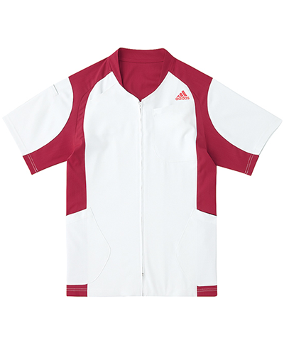 [アディダス] adidas 【着替えが容易な前開きスクラブジャケット】 男女兼用 ジャケット SMS120-15 （ホワイト×バーガンディ）＜廃番商品＞