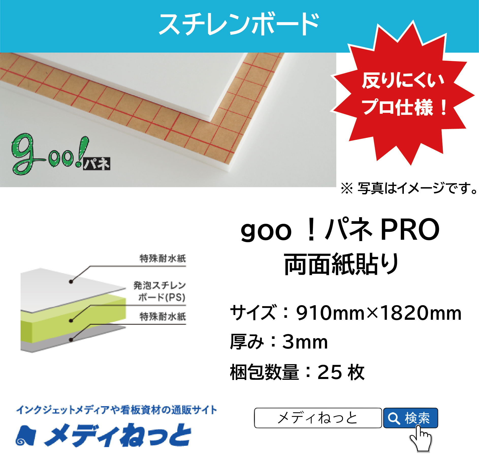 goo！パネPRO（両面紙貼り）厚み：3mm/サイズ：910mm×1820mm【25枚入り】