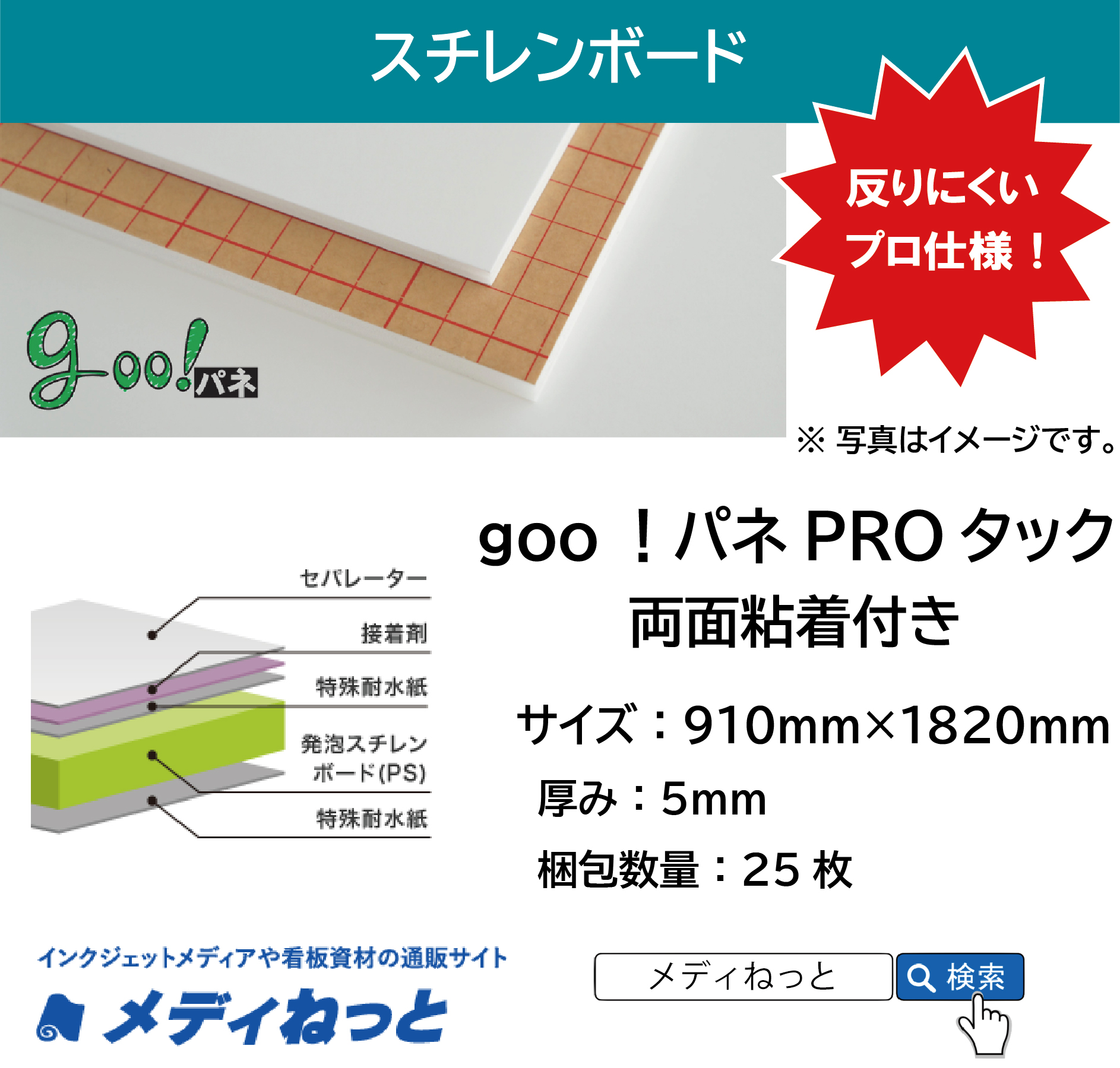 goo！パネPROタック（両面粘着付き）厚み：5mm/サイズ：910mm×1820mm【25枚入り】