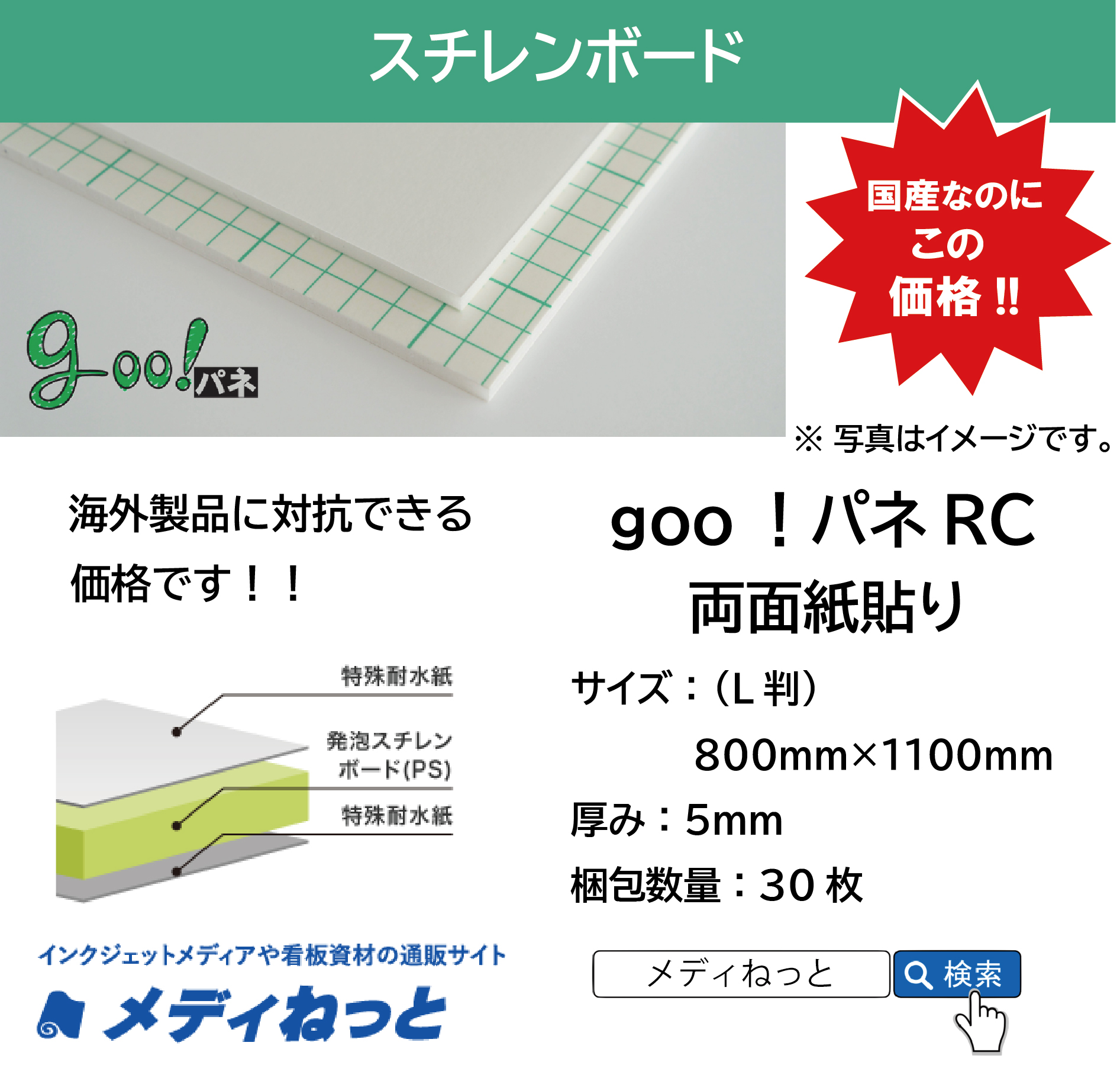 goo！パネRC（両面紙貼り）厚み：5mm/サイズ：（L判）800mm×1100mm【30枚入り】