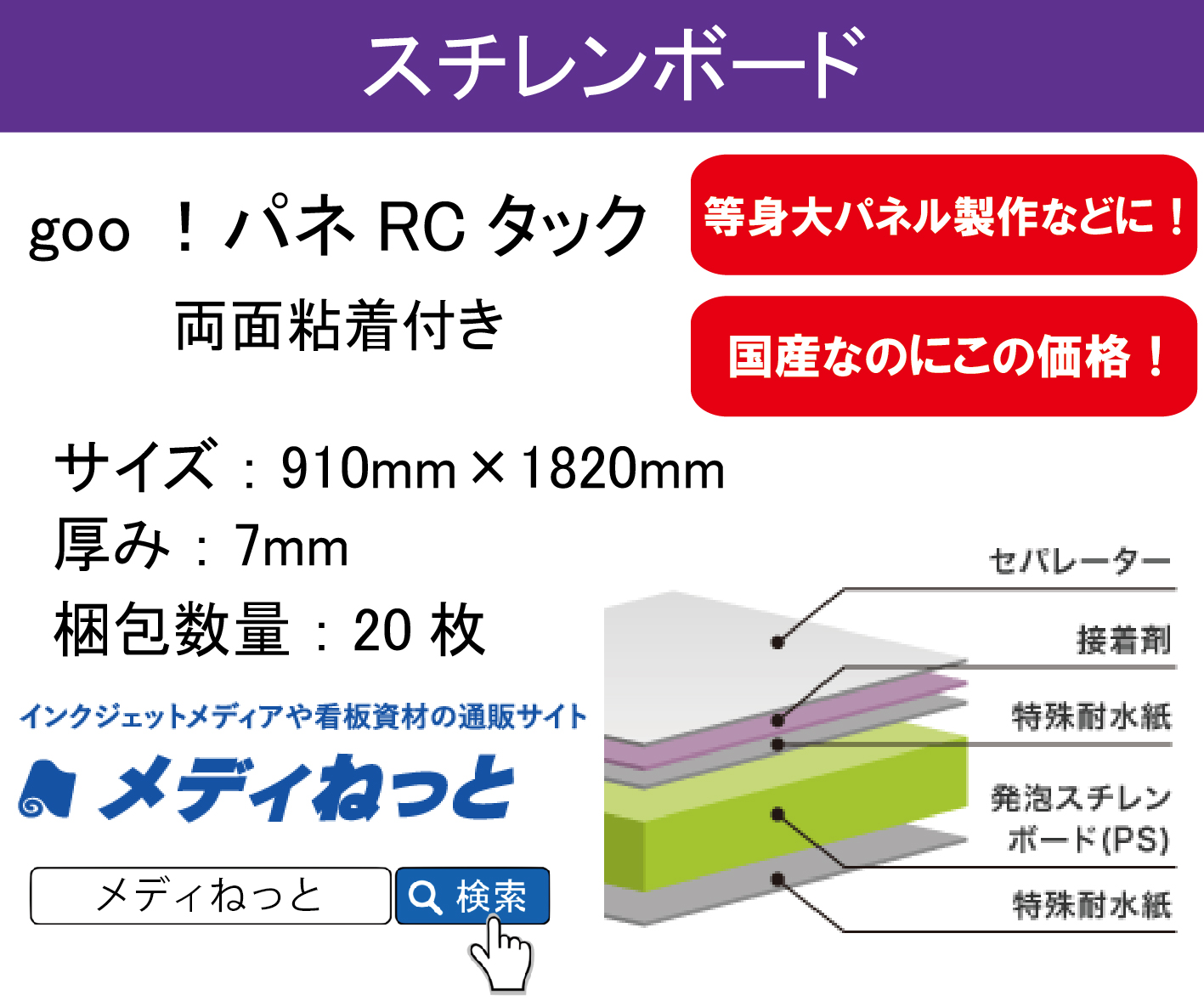goo！パネRCタック（両面粘着付き）厚み：7mm/サイズ：910mm×1820mm【20枚入り】