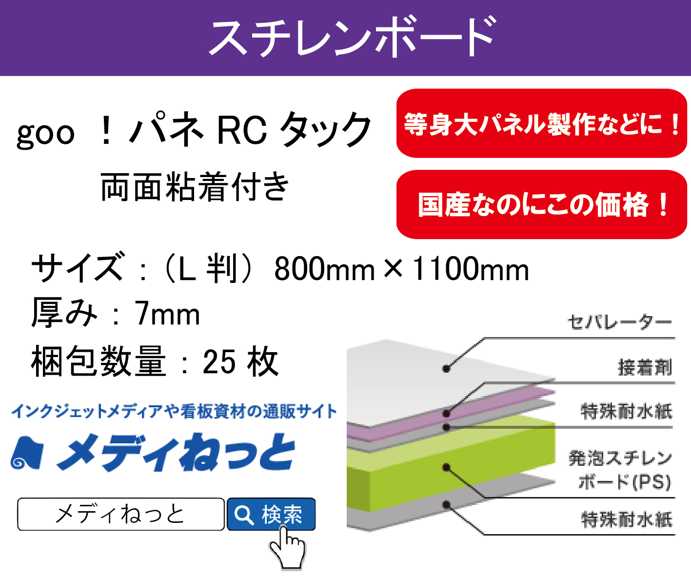 goo！パネRCタック（両面粘着付き）厚み：7mm/サイズ：（L判）800mm×1100mm【25枚入り】