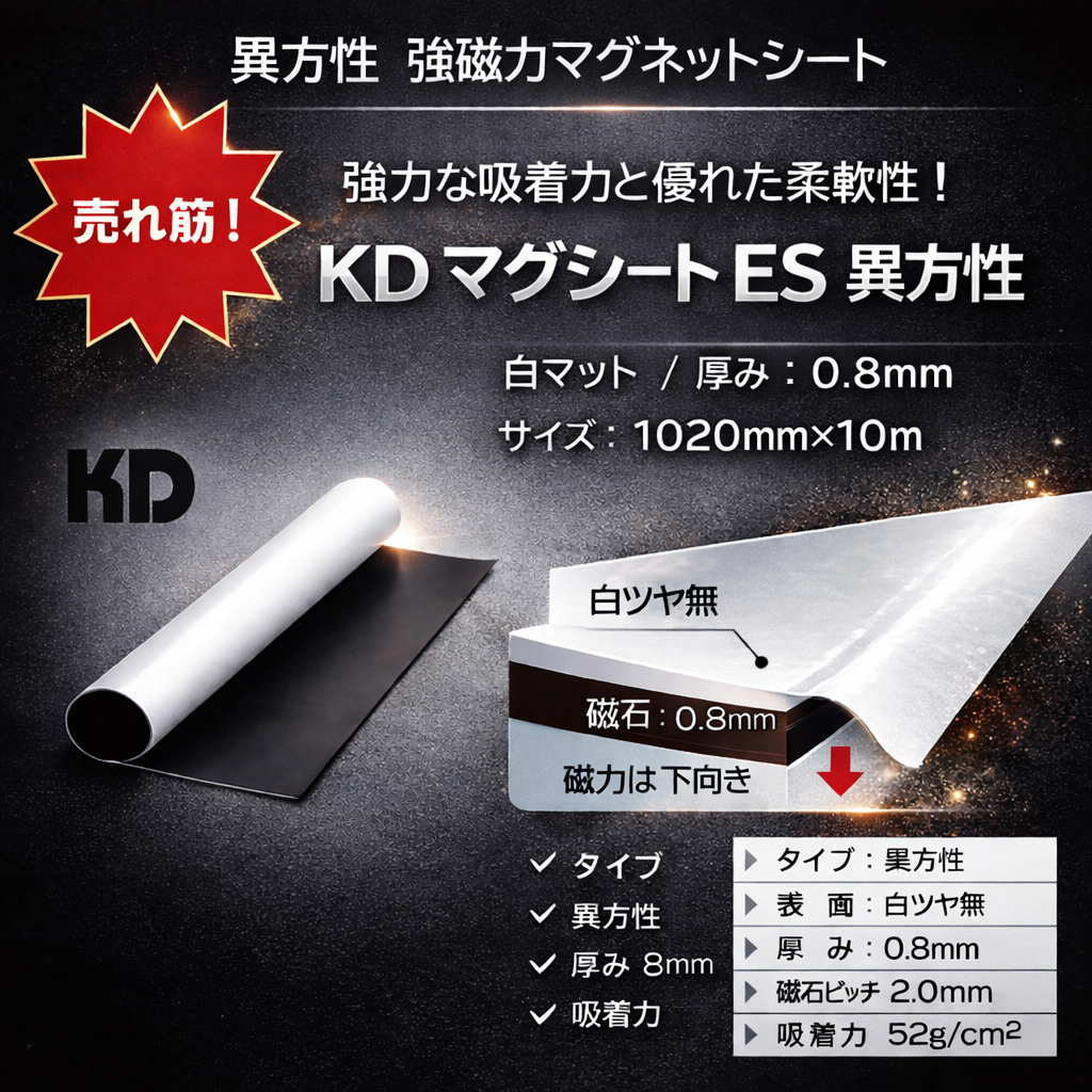 KDマグネットシートES（白マット/異方性） 厚み：0.8mm/サイズ：1020mm×10M