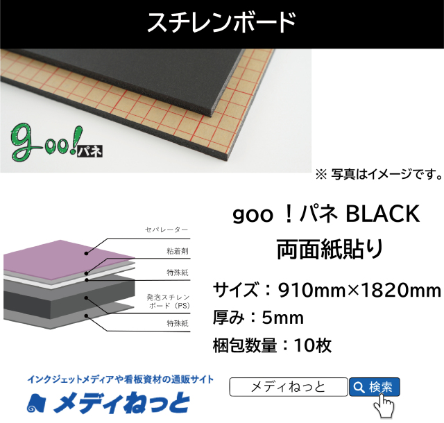 goo！パネ BLACK ブラック（両面紙貼り）厚み：5mm/サイズ：910mm×1820mm【10枚入り】