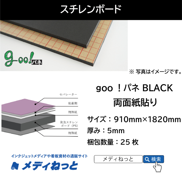 goo！パネ BLACK ブラック（両面紙貼り）厚み：5mm/サイズ：910mm×1820mm【25入り】