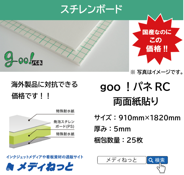 goo！パネRC（両面紙貼り）厚み：5mm/サイズ：910mm×1820mm【25枚入り】